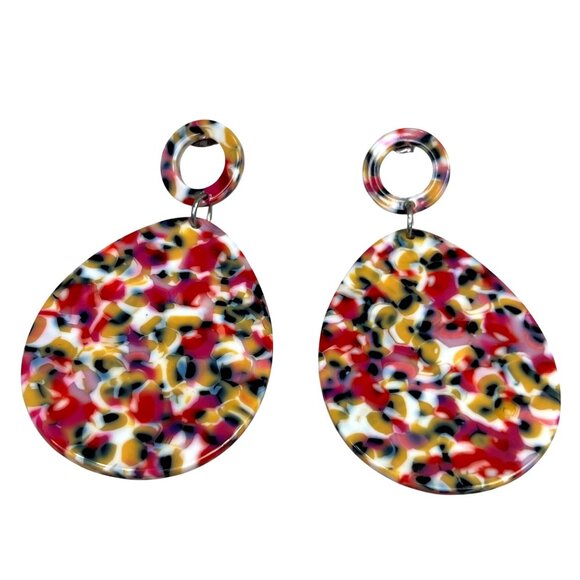 Chunky Confetti Acrylic Granite Earrings Large Dangle Teardrop Pink Yellow - Picture 1 of 6